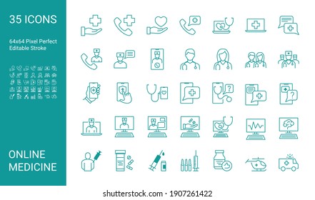 Set of line icons of online medical consultation. Online doctor, online medicine. Editable vector stroke. 64x64 Pixel Perfect.