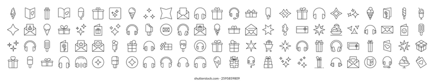 Set of Line Icons of Party, Holiday, Headphones, Postcard. Editable Stroke. Minimalistic Linear Pictogram for Design of Cards, Apps, Banners, Posts