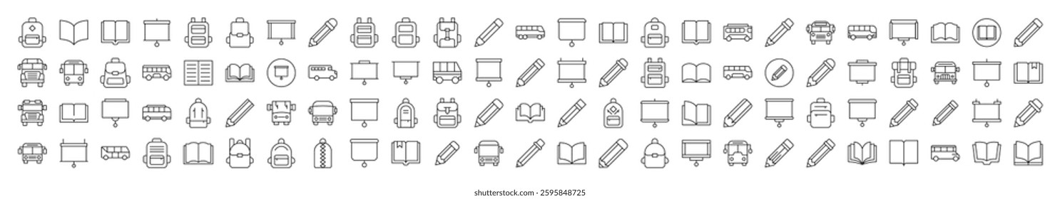 Set of Line Icons of Pen, Presentation Board, Bus, School Bag, Book. Editable Stroke. Minimalistic Linear Pictogram for Design of Cards, Apps, Banners, Posts