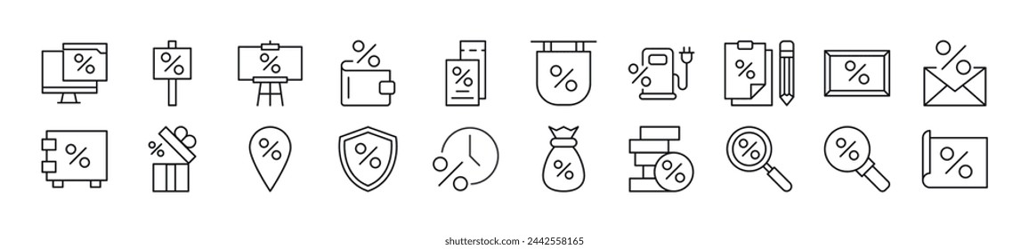 Set of line icons of percent. Editable stroke. Simple outline sign for web sites, newspapers, articles book