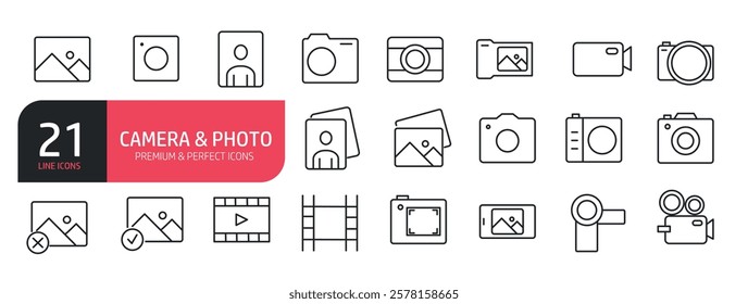 Set of line icons picture, camera, photo, video, webcam. Outline icons collection.  Vector illustration. stock illustration