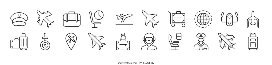 Conjunto de iconos de línea del piloto. Trazo editable. Signo de esquema simple para sitios web, periódicos, libros de artículos