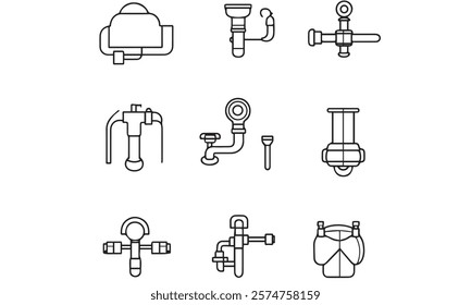 Set line icons of plumbing black vector white background