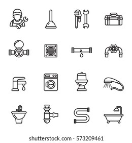 Set line icons of plumbing objects and tools.