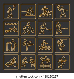 Set of line icons for popular sports. Gold outline athletes on black background.