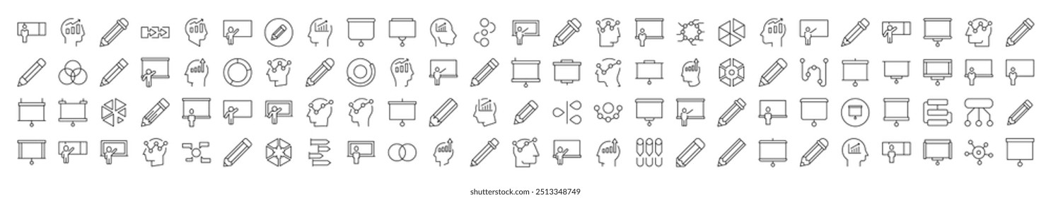Conjunto de iconos de línea de presentación, lluvia de ideas, lápiz, diagrama. Trazo Editable. Pictograma lineal minimalista para el diseño de tarjetas, App, Anuncios, publicaciones