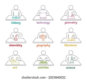 Set of line icons presenting education and different school subjects. Pictograms representing students in school attending classes.