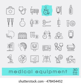  Set of  line icons presenting various medical equipment. 