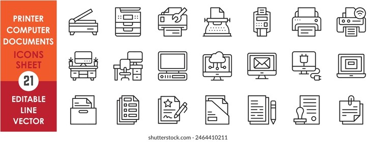 A set of line icons with printer, computer and documents. Vector icons with various types of printers, computer and laptops and printed files.