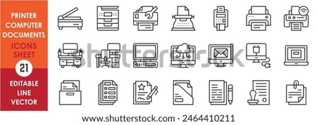 A set of line icons with printer, computer and documents. Vector icons with various types of printers, computer and laptops and printed files.