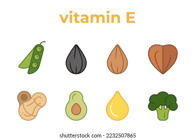 A set of line icons of products containing vitamin E. Collection of vitamin E, editable stroke