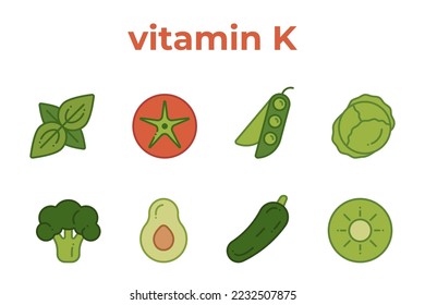 A set of line icons of products containing vitamin K. Collection of vitamin K, editable stroke