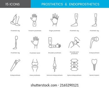 A set of line icons prosthetics in vector. The illustrations prosthetic arms and legs, shoulder endoprostheses