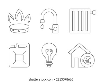 A set of line icons of public utility and basic energy resources. Gas, water, heating, electricity, rent and petrol. Editable stroke