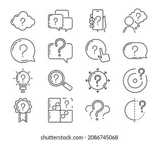 Conjunto de iconos de línea marca de interrogación elementos de contorno simples aislados en fondo blanco