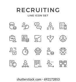 Set line icons of recruiting isolated on white. Contains such icons as recruitment agency, employees search, resume, interview, human resource, salary, management and more. Vector illustration