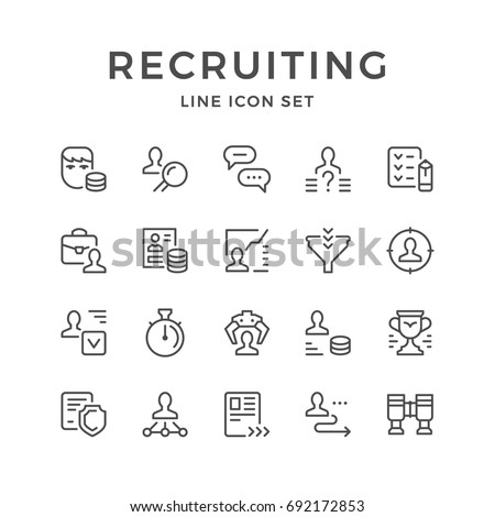 Set line icons of recruiting isolated on white. Contains such icons as recruitment agency, employees search, resume, interview, human resource, salary, management and more. Vector illustration