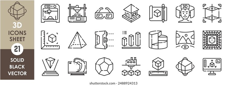 A set of line icons related to 3D. 3D, printing, scripting, house, scanning, geometry, statistics, television, goggles, pyramid, render, and so on. Vector outline icons set.