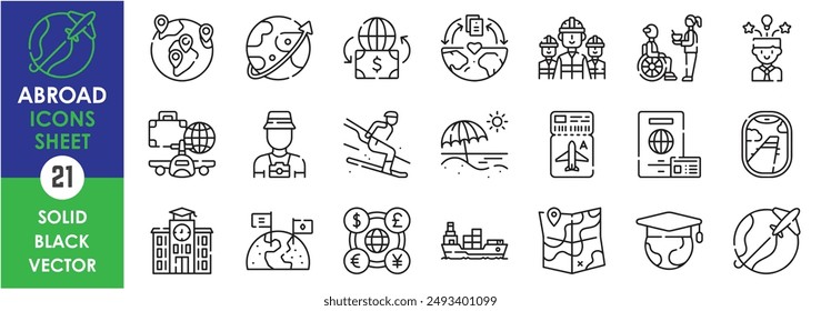 A set of line icons related to abroad. Study, job, trip, vacation, travel, plane, ship, tourist, map, university, skiing, passport, currencies and so on. Vector outline icons set.