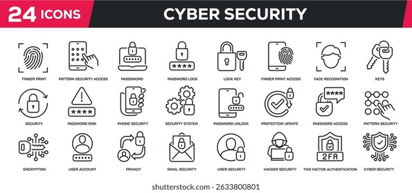 Set of line icons related access, security, authentication, protection. Perfect pixel on transparent background