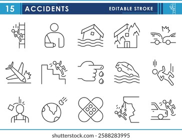 A set of line icons related to Accidents. Injury, hit, fall, slipped, broken arm, cut, drown, and so on. Vector editable stroke.