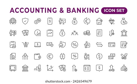 Set of line icons related to accounting, audit, and taxes. Outline icon collection. Businesssymbols.Income set. Containing money, tax, earnings, payment, paycheck, work, pension, and wages icons.