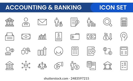 Set of line icons related to accounting, audit, and taxes. Outline icon collection. Business symbols.Income set. Containing money, tax, earnings, payment, paycheck, work, pension, and wages icons.