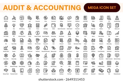Set of line icons related to accounting, audit, and taxes. Outline icon collection. Business symbols.Income set. Containing money, tax, earnings, payment, paycheck, work, pension, and wages icons.
