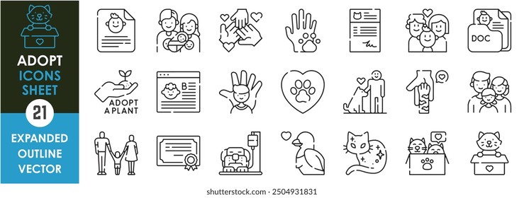 A set of line icons related to Adopt. Adoption, care, cat, dog, pet, child, family, parents, agreement, plant, documents, and so on. Vector outline icons set.