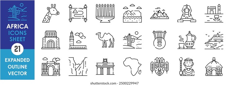 A set of line icons related to Africa. African, culture, country, design, Morocco, Egypt, desert, wildlife, nomeids, camel, culture, and so on. Vector outline icons set.