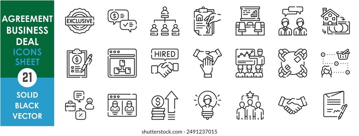 Un conjunto de iconos de línea relacionados con el Acuerdo, el negocio y el negocio. Suministro, consumidor, bienes raíces, contrato, líder, exclusivo, préstamo, dinero, reunión, contratación, presentación, etc. Iconos de contorno de Vector.