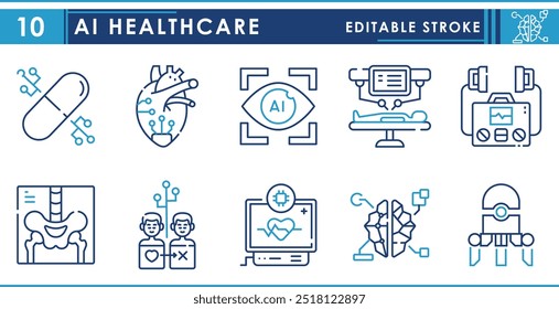 Un conjunto de iconos de línea relacionados con AI Healthcare. Inteligencia artificial, salud, tecnología, robótica, cirugía, digital, trasplante, etc. Vector de trazo editable.