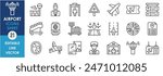A set of line icons related to airport. Airport, plane, radar, location, travel, luggage, passport, control tower and so on. Vector outline icons set.