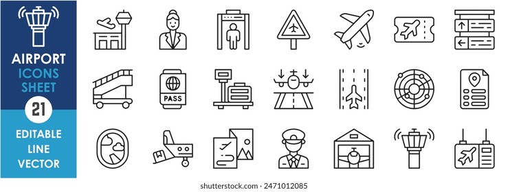 A set of line icons related to airport. Airport, plane, radar, location, travel, luggage, passport, control tower and so on. Vector outline icons set.