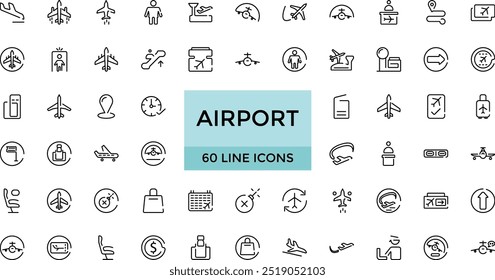 Conjunto de iconos de línea relacionados con el aeropuerto. Colección de iconos lineales. Trazo editable. Gran Web e icono de interfaz de usuario en un diseño plano. Paquete de iconos de contorno delgado. Ilustración vectorial