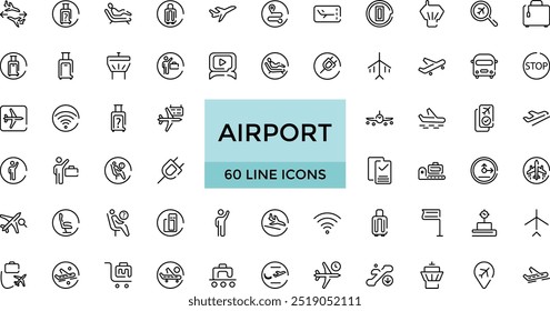 Set of line icons related to airport. Linear icon collection. Editable stroke. Big web and UI icon set in a flat design. Thin outline icons pack. Vector illustration