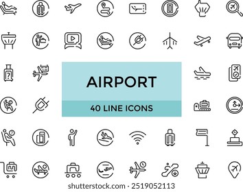 Conjunto de iconos de línea relacionados con el aeropuerto. Colección de iconos lineales. Trazo editable. Gran Web e icono de interfaz de usuario en un diseño plano. Paquete de iconos de contorno delgado. Ilustración vectorial