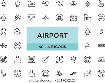 Conjunto de iconos de línea relacionados con el aeropuerto. Colección de iconos lineales. Trazo editable. Gran Web e icono de interfaz de usuario en un diseño plano. Paquete de iconos de contorno delgado. Ilustración vectorial