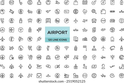Conjunto de ícones de linha relacionados ao aeroporto. Coleção de ícones linear. Traçado editável. Ícone de web grande e IU definido em um design plano. Pacote fino de ícones de estrutura de tópicos. Ilustração vetorial