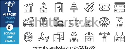 A set of line icons related to airport. Airport, plane, radar, location, travel, luggage, passport, control tower and so on. Vector outline icons set.