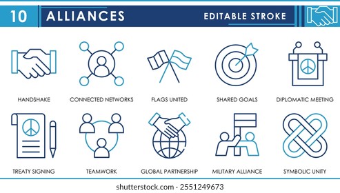 Um conjunto de ícones de linha relacionados a Alianças. Aperto de mão, networking, bandeiras unidas, objetivos compartilhados, relações diplomáticas, tratado e assim por diante. Traçado editável de vetor.