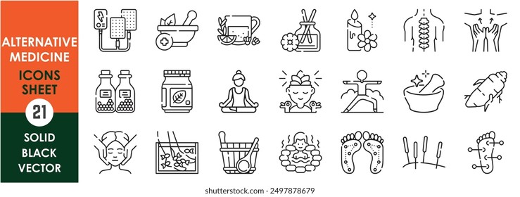 A set of line icons related to Alternative Medicine. Aromatherapy, Chiropractic, Homeopathy, Meditation, traditional medicine, Spa, Herbal, natural, organic and so on.