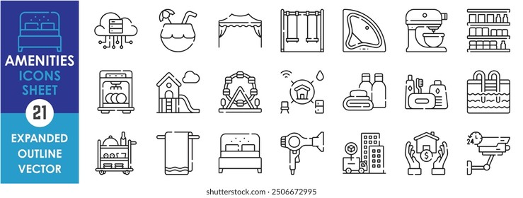 A set of line icons related to Amenities. Leisure, service, house, hotel, bed, jacuzzi, coffee, household, pool, and so on. Vector outline icons set.