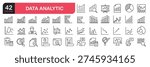 Set of line icons related to analysis, research, searching, big data, analyzing, network data, database, balance, charts, report. Outline icons collection. Vector illustration
