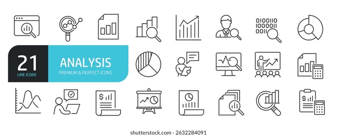 Set of line icons related to analysis, report, inspection, statistic. Outline icons collection. Vector illustration stock illustration