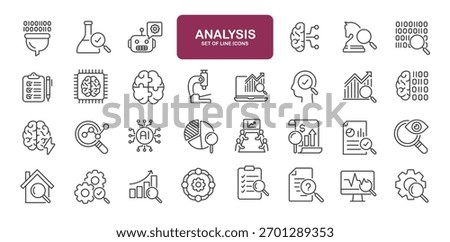 Set of line icons related to analysis, research, process. Outline icons collection