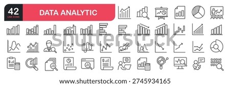 Set of line icons related to analysis, research, searching, big data, analyzing, network data, database, balance, charts, report. Outline icons collection. Vector illustration