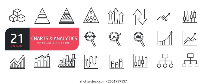 Conjunto de iconos de línea relacionados con análisis, búsqueda, gráfico, diagrama de barras, gráfico de barras. Colección de iconos de contorno. Ilustración vectorial.
