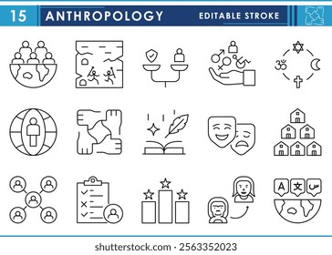 A set of line icons related to Anthropology. Culture, society, ethnography, archaeology, linguistics, rituals, evolution, mythology, and so on. Vector editable stroke.