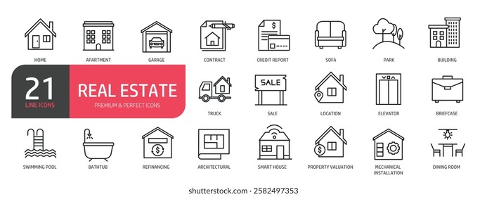 Set of line icons related to apartment, building. garage, property, swimming pool. Outline icons collection. Vector illustration.